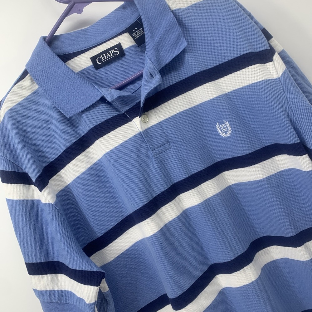 Chaps Polo Shirt Mens Large Blue White Stripe  Short Sleeve Golf Casual